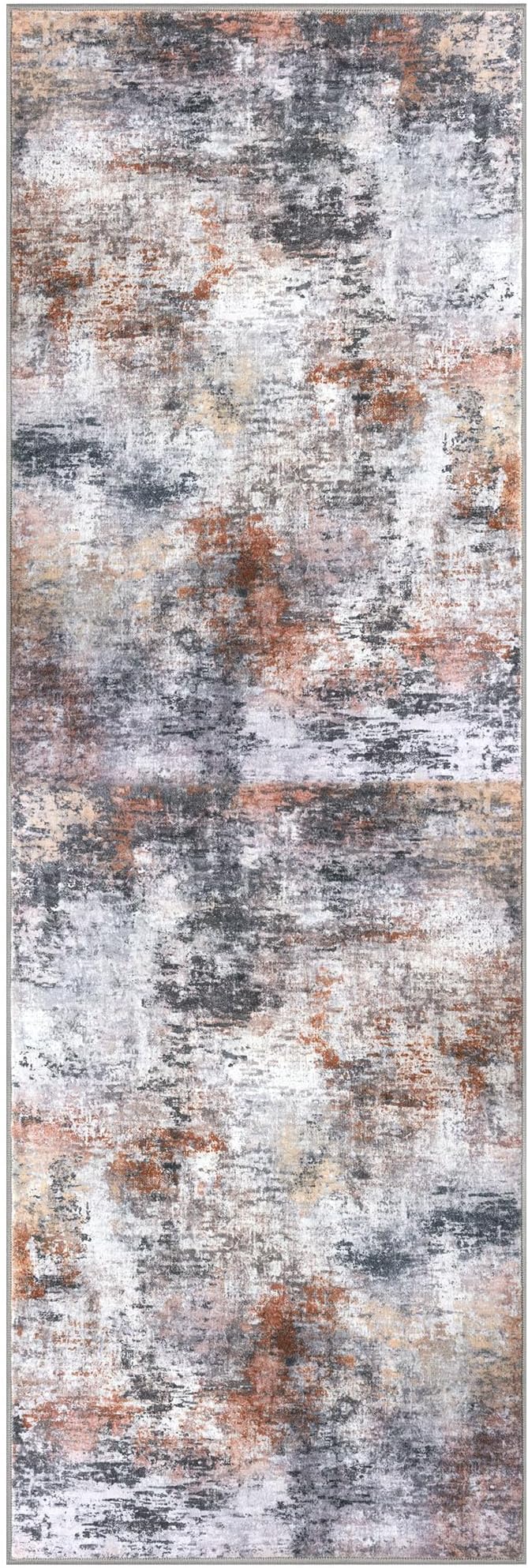 Modern Abstract Runner Rug 2x6, Grey Orange Multi Washable Kitchen Runner Non-Slip Soft Hallway Rug Runner Thin Print Faux Wool Carpet for Entryway Bedroom Laundry Room Indoor Home Decor