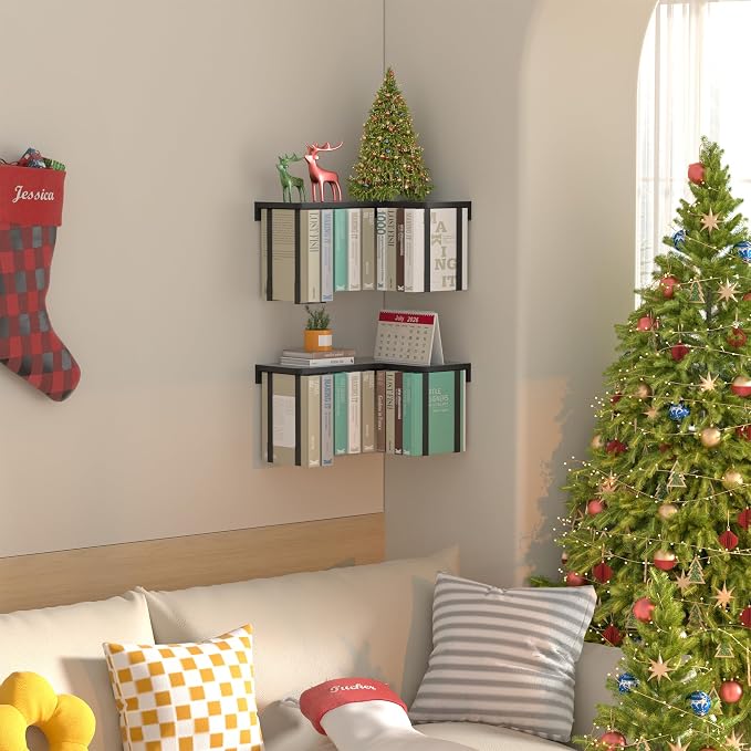 Tohiasen Floating Book Shelves for Wall Mounted Set of 2, Wood Hanging Bookshelf, Book Display Shelf for Wall, Unique Space Saving Book Shelf Wall Book Holder (Black_L-Shape New)