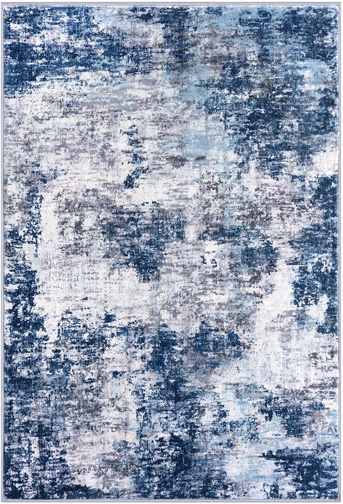 Modern Abstract Entryway Rug Indoor 2x3 Washable Non-Slip, Soft Grey Navy Blue Rug, Small Area Rug Kitchen Mat Thin Print Faux Wool Floor Carpet for Entrance Bedroom Office