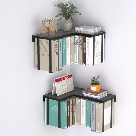 Tohiasen Floating Book Shelves for Wall Mounted Set of 2, Wood Hanging Bookshelf, Book Display Shelf for Wall, Unique Space Saving Book Shelf Wall Book Holder (Black_L-Shape New)