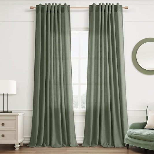 Joywell Olive Green Linen Curtains 90 Inches Long for Living Room Window Treatments Flax Linen Floor Length New Home Essentials Light Filtering Sheer Privacy Curtains Emerald Dark Green 52X90