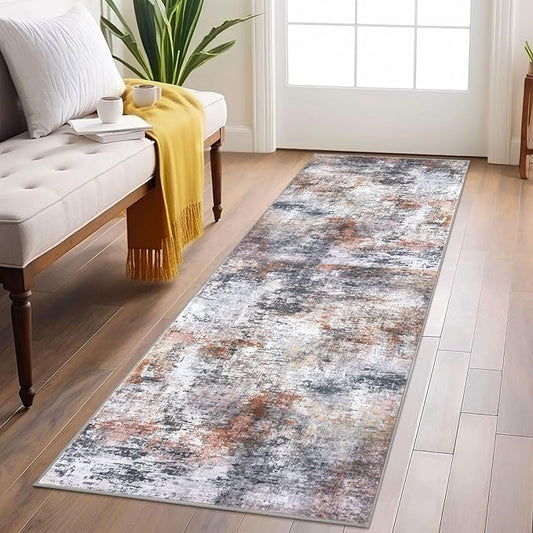 Modern Abstract Runner Rug 2x6, Grey Orange Multi Washable Kitchen Runner Non-Slip Soft Hallway Rug Runner Thin Print Faux Wool Carpet for Entryway Bedroom Laundry Room Indoor Home Decor
