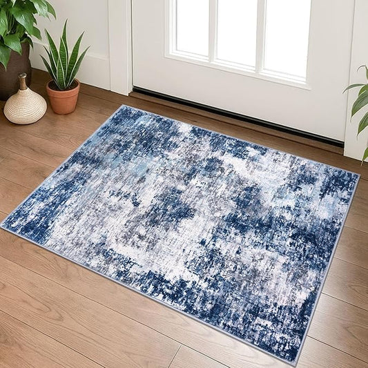 Modern Abstract Entryway Rug Indoor 2x3 Washable Non-Slip, Soft Grey Navy Blue Rug, Small Area Rug Kitchen Mat Thin Print Faux Wool Floor Carpet for Entrance Bedroom Office