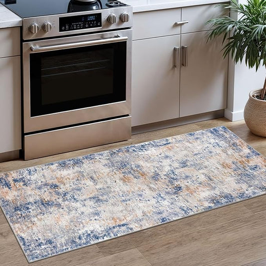 Modern Abstract Runner Rug 2x5, Grey Blue Orange Multi Washable Kitchen Runner Entryway Rug Mat Non-Slip Soft Hallway Rug Runner Thin Print Faux Wool Carpet for Bedroom Laundry Room Indoor